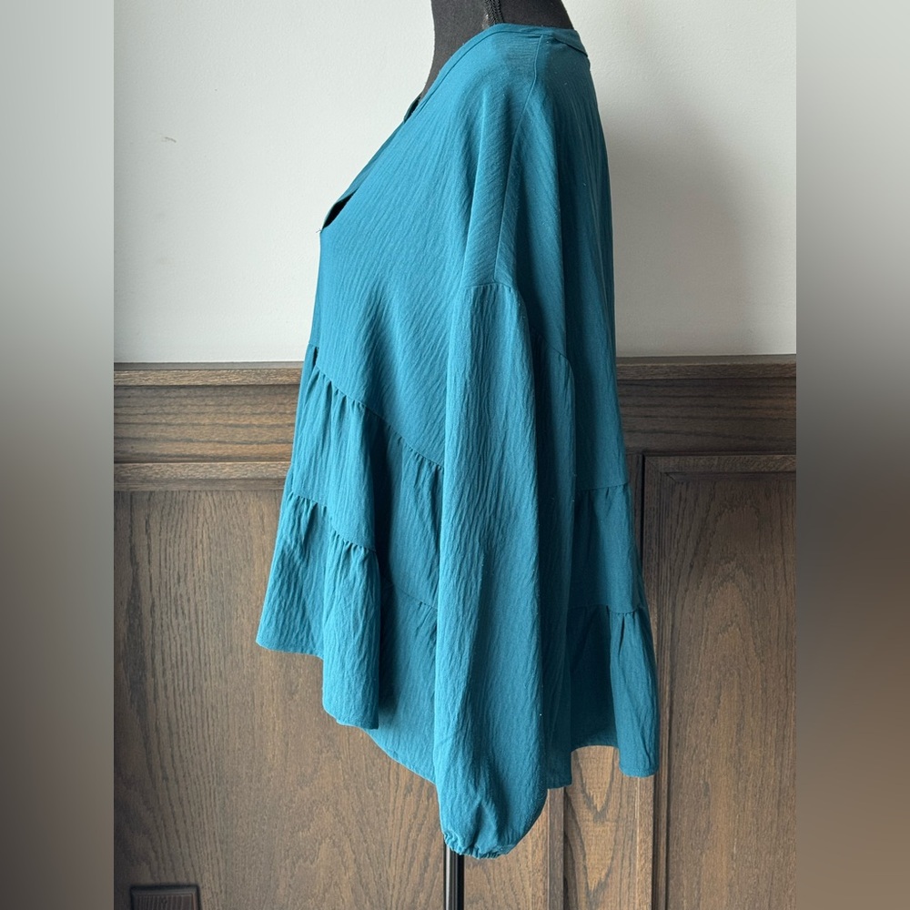 Mud Pie Teal V-Neck Tiered Blouse large - Picture 2 of 7